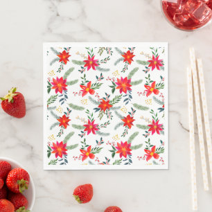 Serviette En Papier Poinsettia Floral Rouge Festif Aquarelle. 