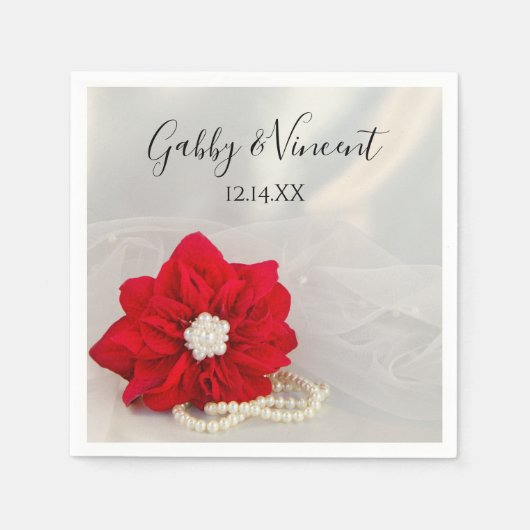 Serviette En Papier Poinsettia rouge et perles blanches Mariage d'hive (Devant)