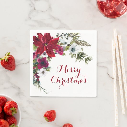 Serviette En Papier Poinsettia rouge Fleurs Joyeux Noël Fête  (En situation)