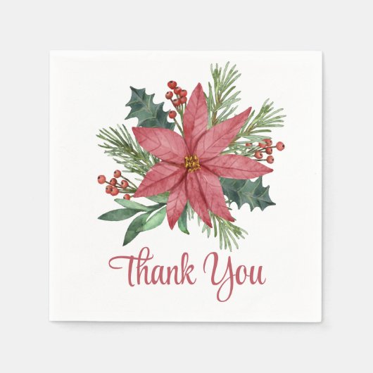 Serviette En Papier Poinsettia Rouge Floral Merci Noël (Devant)