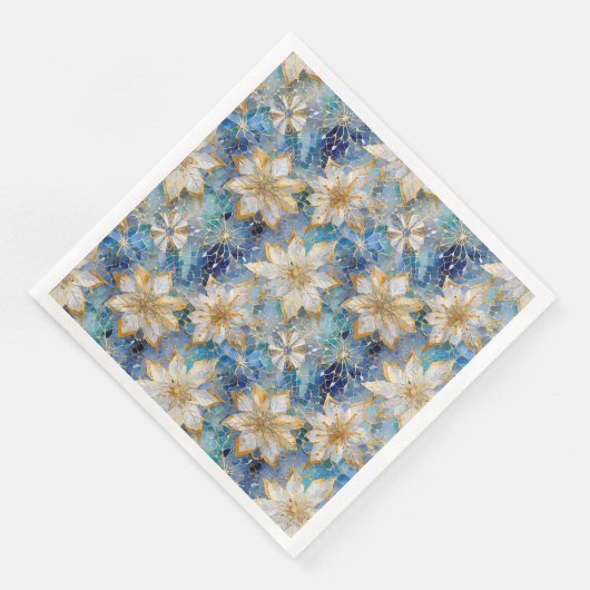 Serviette En Papier Poinsettias de Noël Blanc Bleu (Coin)