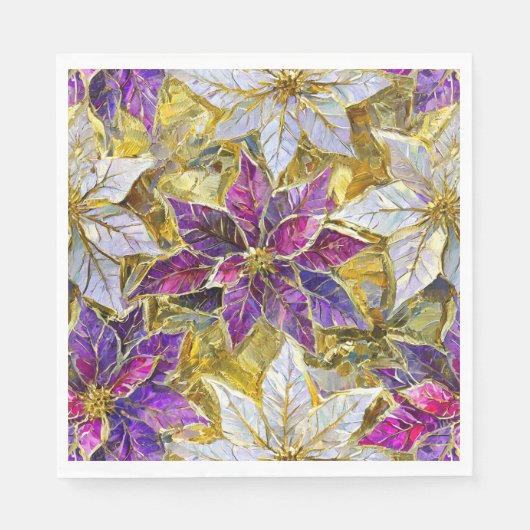 Serviette En Papier Poinsettias de Noël blanc or violet rose (Devant)