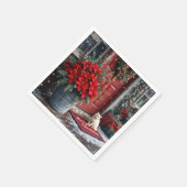 Serviette En Papier Poinsettias de Noël et chat blanc sur natte (Coin)