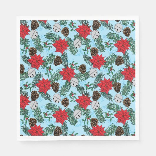 Serviette En Papier Poinsettias et cloches d'argent dans les serviette (Devant)