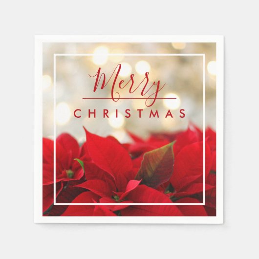 Serviette En Papier Poinsettias rouges avec Golden Bokeh Joyeux Noël (Devant)