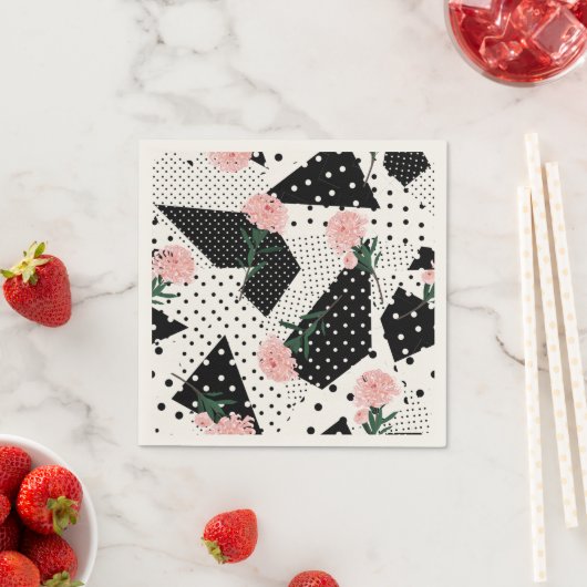 Serviette En Papier Points Abstraits modernes et fleurs roses (En situation)