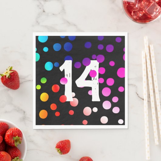 Serviette En Papier Points arc-en-ciel du 14e anniversaire en noir (En situation)
