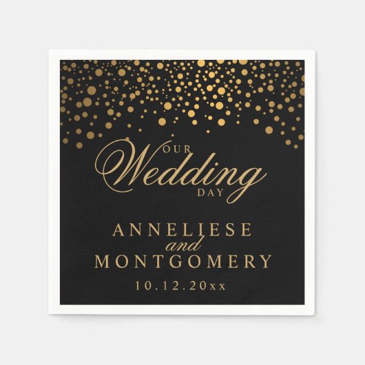Serviette En Papier Points d'or Confetti élégants en noir - Jour de ma (Devant)
