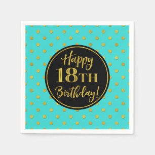 Serviette En Papier Points d'or noir turquoise 18e anniversaire