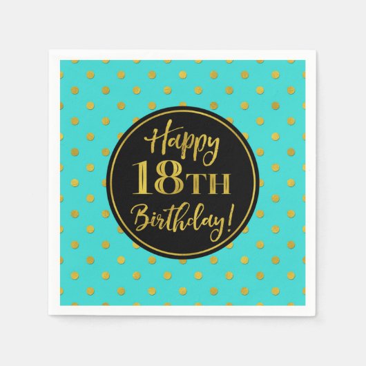 Serviette En Papier Points d'or noir turquoise 18e anniversaire (Devant)