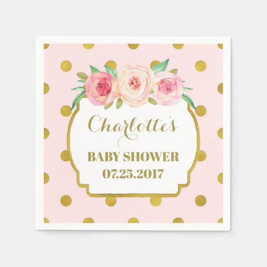 Serviette En Papier Points d'or rose Baby shower floral (Devant)