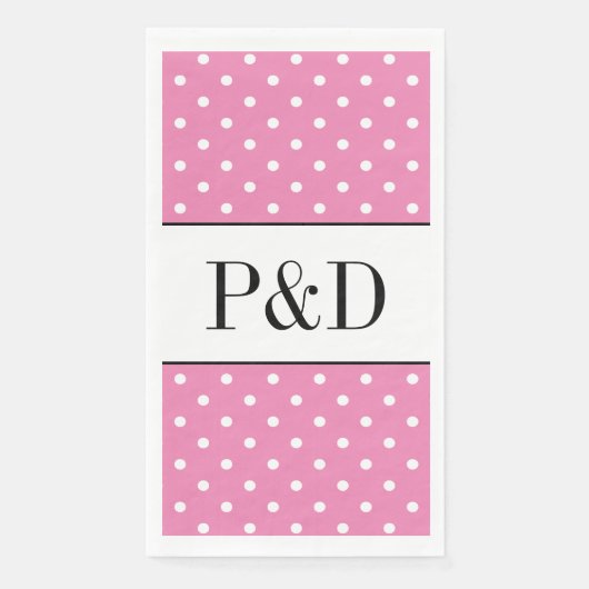 Serviette En Papier Points polka rose et blanc monogramme personnalisé (Devant)