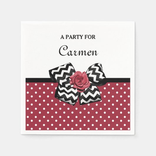 Serviette En Papier Pois rouges mignons avec Rose Chevron Bow et nom (Devant)