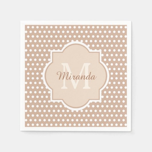 Serviette En Papier Pois Tan Modernes avec Monogramme et Nom (Devant)