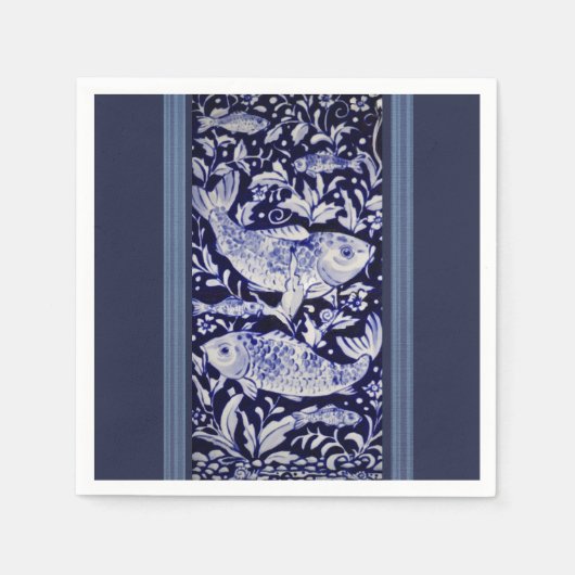 Serviette En Papier Poisson Koi bleu et blanc Élégant Dîner (Devant)