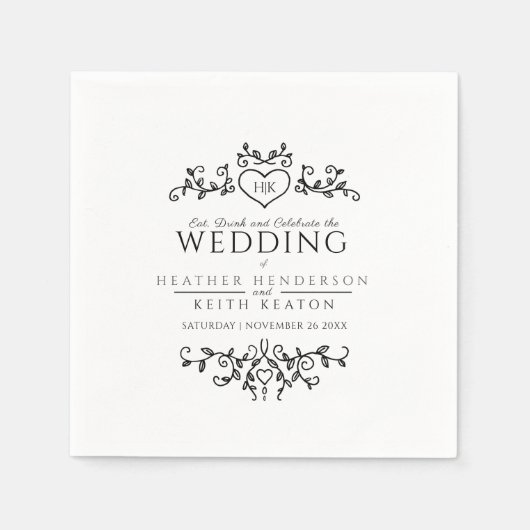 Serviette En Papier Poitrine de coeur monogramme noir et blanc mariage (Devant)