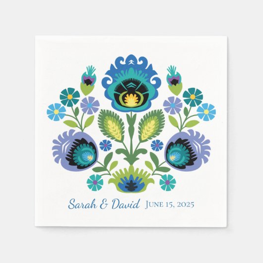 Serviette En Papier Polonais Fleurs folkloriques Bleu Mariage Turquois (Devant)