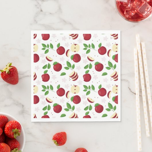Serviette En Papier Pommes rouges, fleurs et Motif de verdure (En situation)
