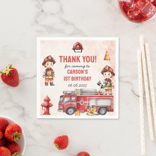 Serviette En Papier Pompier Camion 1er fête d'anniversaire (En situation)