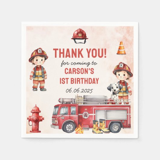 Serviette En Papier Pompier Camion 1er fête d'anniversaire (Devant)