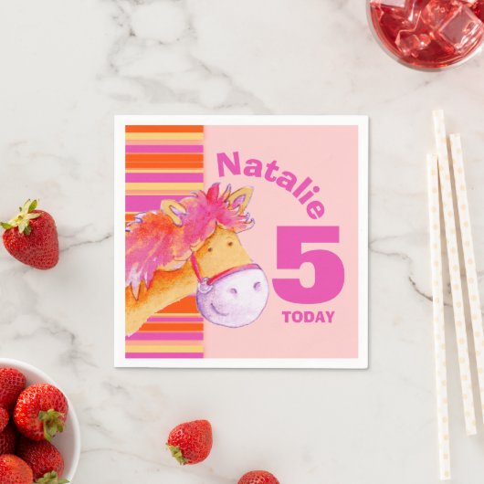 Serviette En Papier Pony art 5e anniversaire filles customisées (En situation)