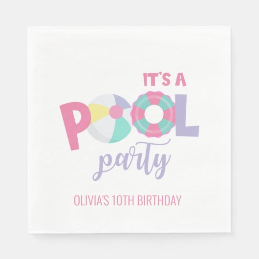 Serviette En Papier Pool party Anniversaire rose et violet (Devant)