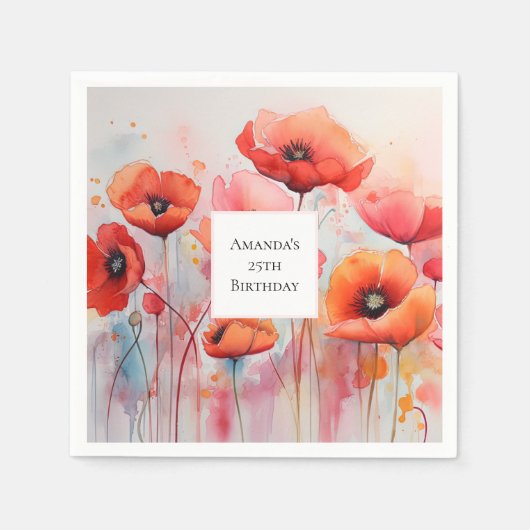 Serviette En Papier Poppies d'aquarelle rouge dans un champ Anniversai (Devant)