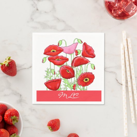 Serviette En Papier Poppies roses rouges Art Personnalisé Monogramme p (En situation)