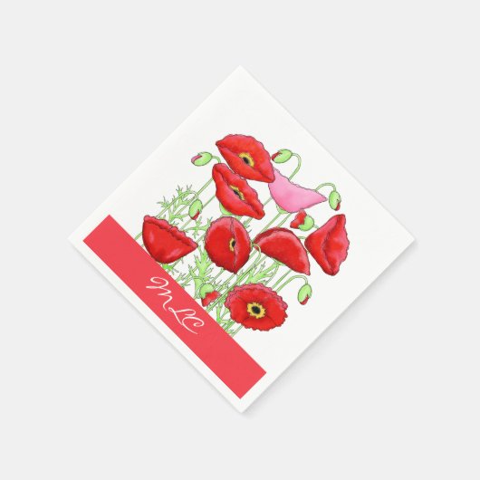 Serviette En Papier Poppies roses rouges Art Personnalisé Monogramme p (Coin)