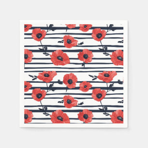 Serviette En Papier Poppies rouges avec Feuilles bleus et Motif rayé 3