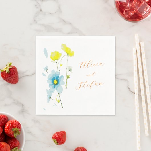 Serviette En Papier Poppies rustiques simples bleues jaunes aquarelles (En situation)