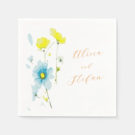 Serviette En Papier Poppies rustiques simples bleues jaunes aquarelles (Devant)