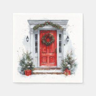 Serviette En Papier Porte rouge de bienvenue pour les fêtes cosy