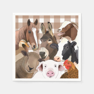 Serviette En Papier Portrait animal de ferme En vichy chèque - Brown