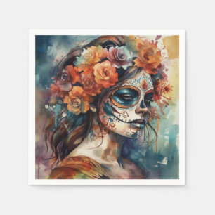 Serviette En Papier Portrait de Catrina Día de los Muertos à l'aquarel