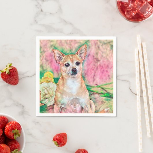 Serviette En Papier Portrait de Chihuahua rose et vert d'art rose (En situation)