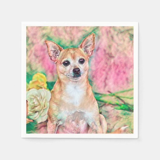 Serviette En Papier Portrait de Chihuahua rose et vert d'art rose (Devant)