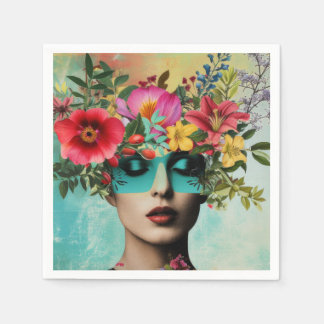 Serviette En Papier Portrait de femme vintage avec des fleurs