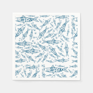 Serviette En Papier Portugais Lisbonne Sardines Motif Azulejos Blanc