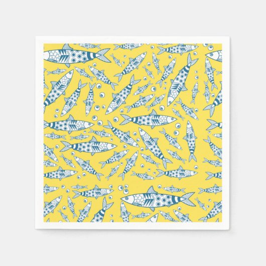 Serviette En Papier Portugais Lisbonne Sardines Motif Azulejos Jaune (Devant)