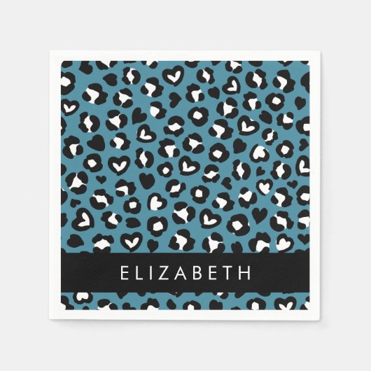 Serviette En Papier Poster de animal, Léopard Bleu, Coeurs, Votre Nom (Devant)