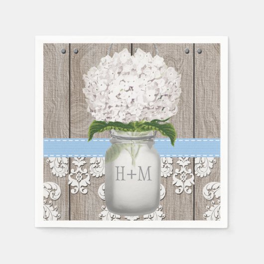 Serviette En Papier Pot Mason à Hortensia à Monogramme Bleu (Devant)