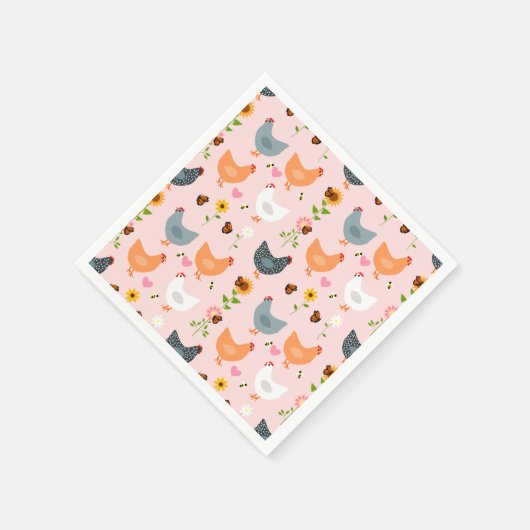 Serviette En Papier Poulets dans le jardin avec fleurs et insectes (Coin)