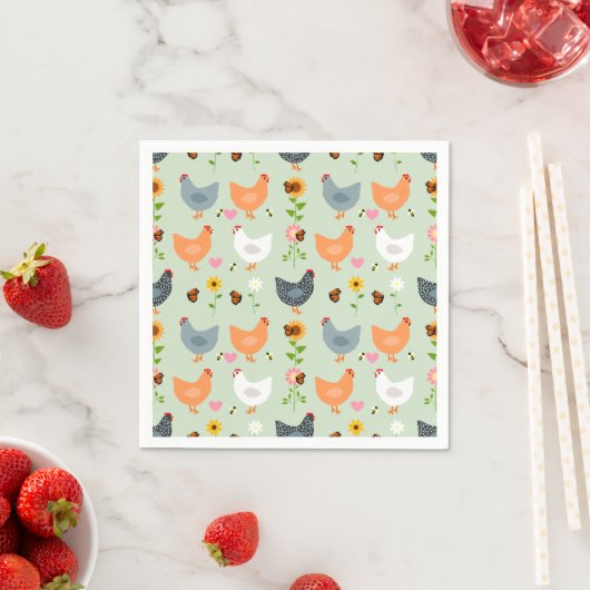 Serviette En Papier Poulets dans le jardin avec fleurs, vert (En situation)