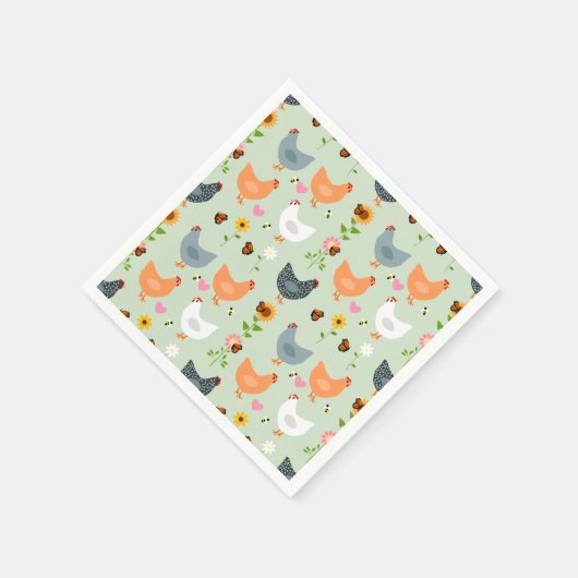 Serviette En Papier Poulets dans le jardin avec fleurs, vert (Coin)