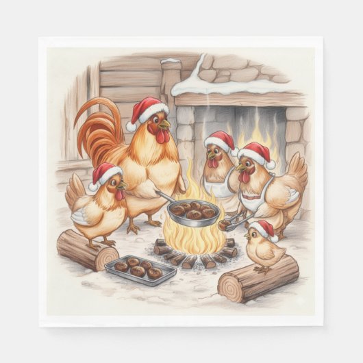 Serviette En Papier Poulets de Noël Faisant Rôtir des Châtaignes, Serv (Devant)