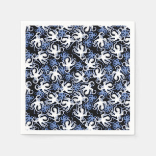 Serviette En Papier Poulpe noir, blanc et bleu en motif sans couture