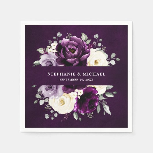 Serviette En Papier Poupée d'aubergine Plum Ivory Blanc Floral Mariage (Devant)