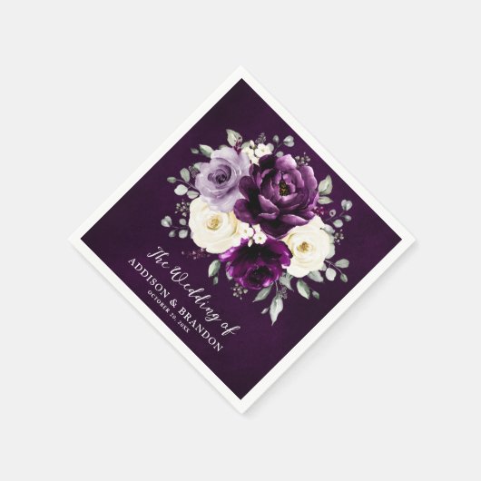 Serviette En Papier Poupée d'aubergine Plum Ivory Blanc Floral Mariage (Coin)