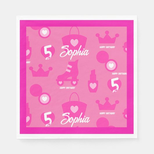 Serviette En Papier Poupée rose fête d'anniversaire, âge personnalisé, (Devant)